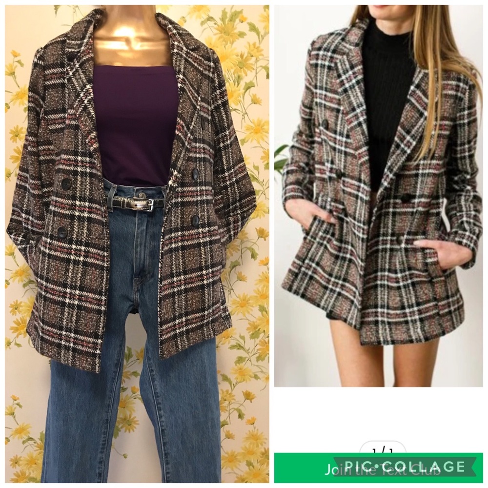 Boutique Blue B collection plaid tweed blazer brown size M - Picture 3 of 16